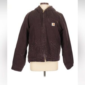 Carhartt Sherpa Lined Duck Canvas Zip Jacket L WJ141 DWN Deep Wine Plum VTG Work